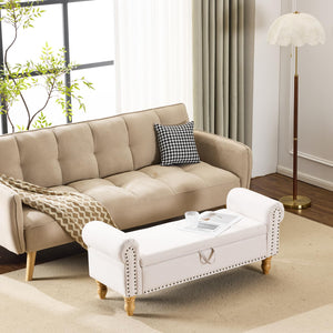 Upholstered Storage Bench with Rolled Arms & Nailhead Trim