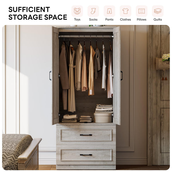 Freestanding Wardrobe Closet with 2 Doors and 2 Drawers – 70" H x 28" W