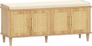 Rattan Shoe Storage Bench with Cushion & Adjustable Shelves