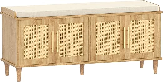 Rattan Shoe Storage Bench with Cushion & Adjustable Shelves