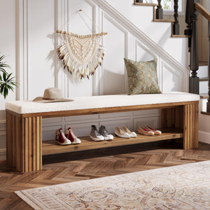 Upholstered Bedroom & Entryway Bench with Faux Sheepskin Cushion
