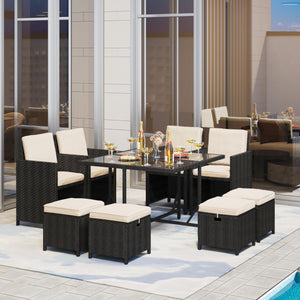 9-Piece Outdoor Patio Dining Set with Glass Table & Rattan Chairs