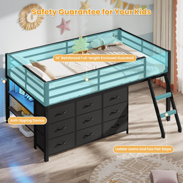 Twin Low Loft Bed with 9 Storage Drawers, LED Lights & Safety Guardrail