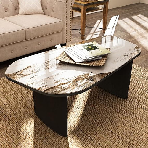 Modern Glass Coffee Table with Wooden Base