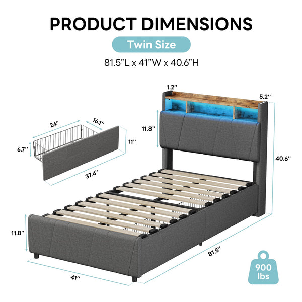 Twin Bed Frame with Storage Drawers, Charging Station & LED Lights