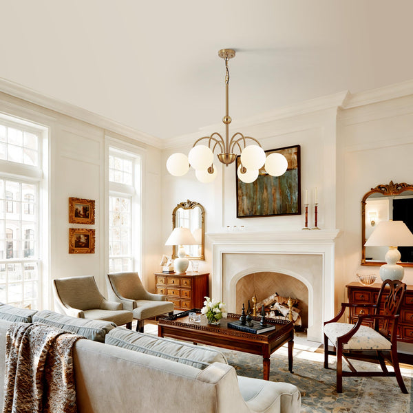 6-Light Brushed Gold Globe Chandelier with Milk Glass Shades