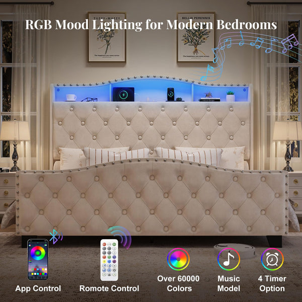 Upholstered Wingback Bed Frame with LED Lights & Storage