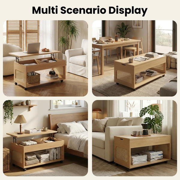 Lift-Top Coffee Table with Rattan Accents & Storage