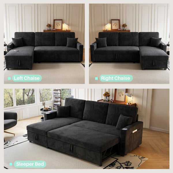Convertible Sectional Sleeper Sofa with Storage & USB Charging