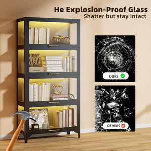 5-Tier Glass Display Cabinet with Flip-Up Doors & LED Lighting