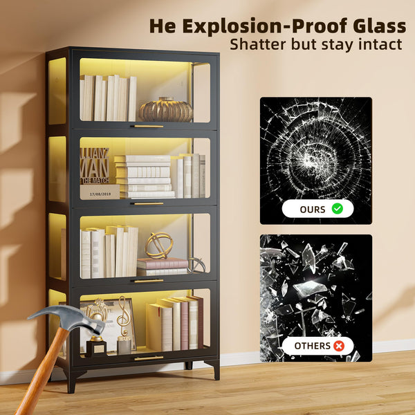 5-Tier Glass Display Cabinet with Flip-Up Doors & LED Lighting