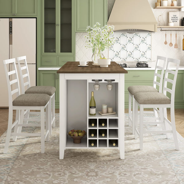 5-Piece Counter Height Dining Set with Wine Storage — Rubber Wood, Brown & White Wash