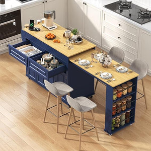 Extendable Kitchen Island Cart with Dining Table & Power Outlet