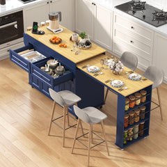 80"-48" Extendable Kitchen Island with Extended Dining Table and Power Outlet,Large Mobile Kitchen Storage Islands with 2 Storage Drawers,Rolling Islands Cart with 3 Extra Rows Open Shelves(Blue)