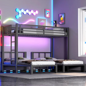 Triple Bunk Bed with Charging Station & LED Lights — Metal, Storage Drawers, Convertible