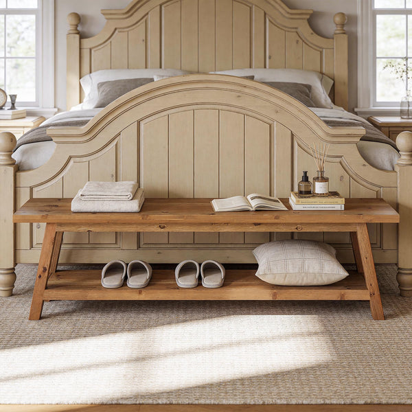 Solid Wood End-of-Bed Bench with Storage Shelf