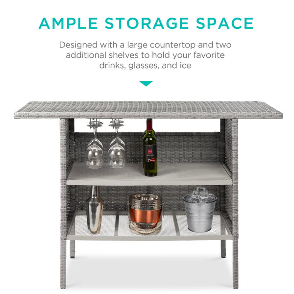 Outdoor Wicker Bar Counter Table with Steel Shelves & Wine Glass Racks