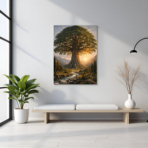 Framed Tree Landscape Mountain Sunrise Canvas Wall Art