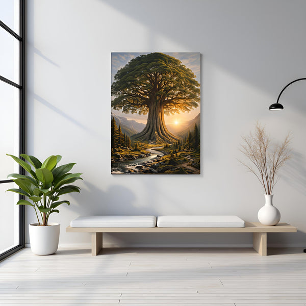 Framed Tree Landscape Mountain Sunrise Canvas Wall Art