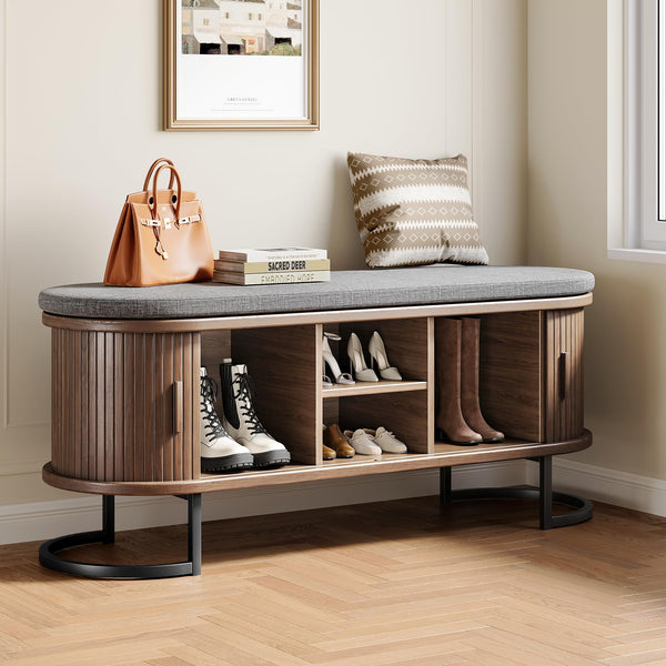 Storage Bench with Cushion and Sliding Doors