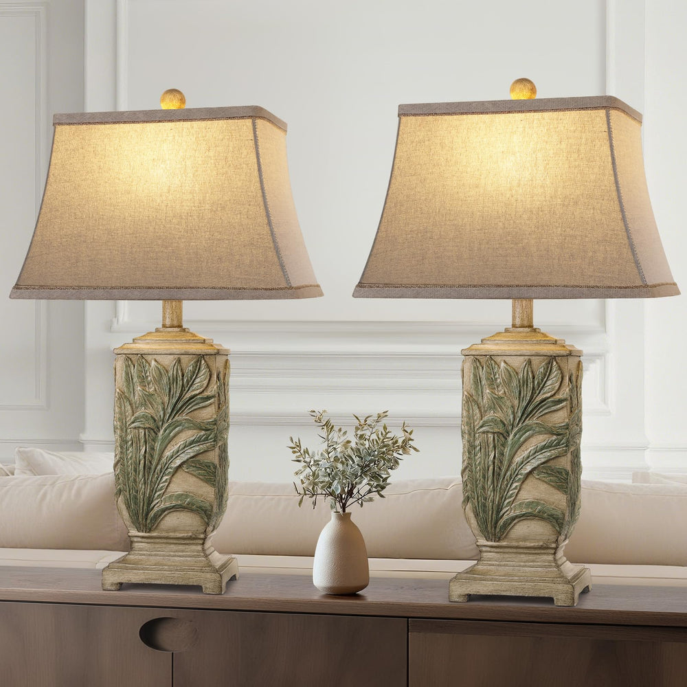 Vintage Farmhouse Table Lamp Set of 2 – 3-Color LED, Resin Base, Linen Shade