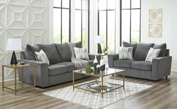 Gray Loveseat with Flared Arms & Accent Pillows