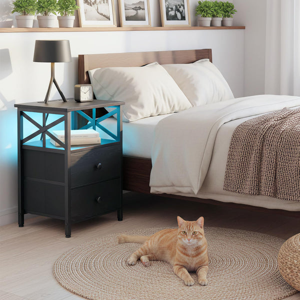 Nightstand Set of 2 with Charging Station & LED Lights