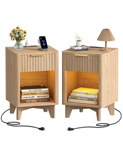 Fluted Nightstand with Charging Station & LED Light