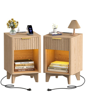 Fluted Nightstand with Charging Station & LED Light