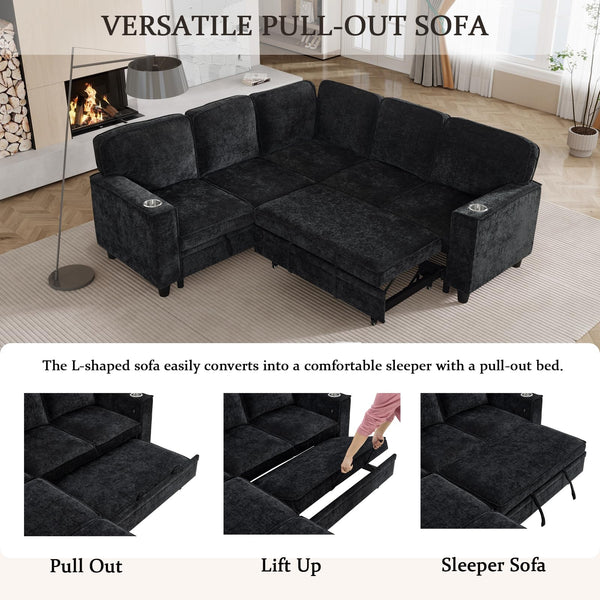 L-Shaped Sectional Sleeper Sofa with Pull-Out Bed & Storage