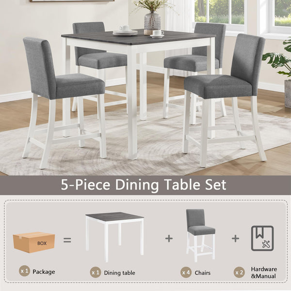 5-Piece Counter Height Dining Table Set for 4 – Solid Wood & Upholstered Linen Chairs