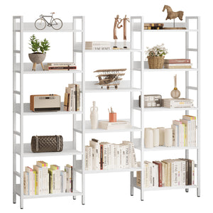Triple Wide 5-Tier Industrial Bookshelf with Metal Frame
