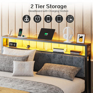 King Bed Frame with LED Headboard & Charging Station