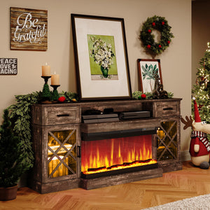 Farmhouse Fireplace TV Stand with 3-Sided LED Glass – 70" Entertainment Center