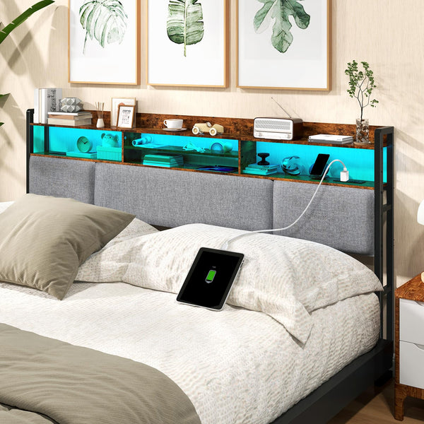 King Upholstered Headboard with LED Lights & Charging Station