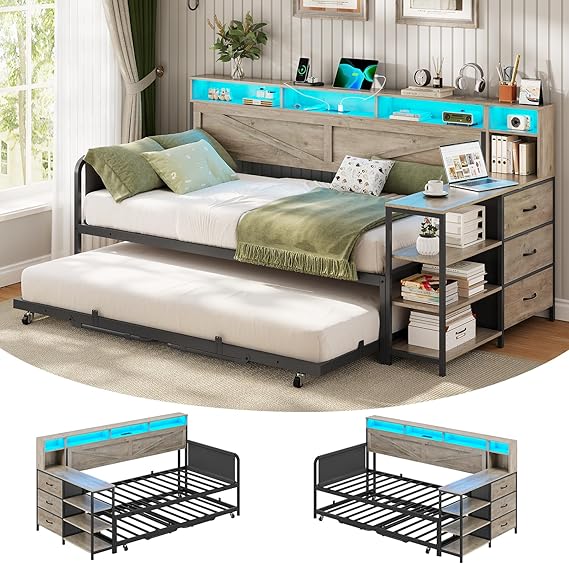 Twin Daybed with Pop-Up Trundle, Storage Drawers & LED Lights