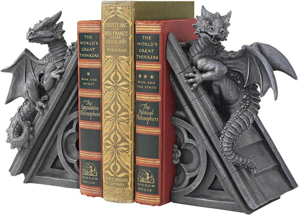 Gothic Dragon Bookend Statues – Set of 2, Gray Stone Resin, 8 Inch