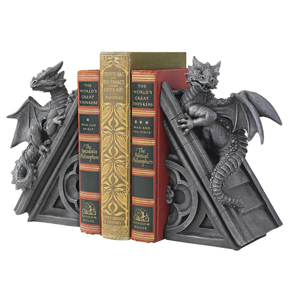 Gothic Dragon Bookend Statues – Set of 2, Gray Stone Resin, 8 Inch