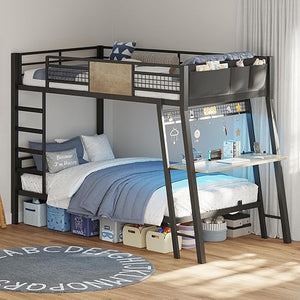 Twin Over Twin Bunk Bed with Desk, LED Lights & Power Outlets