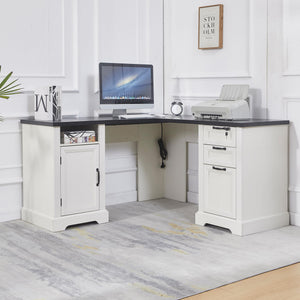 L-Shaped Farmhouse Executive Desk with Charging Station, Lockable Drawers & File Cabinet