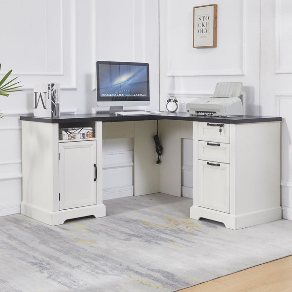 L-Shaped Farmhouse Executive Desk with Charging Station, Lockable Drawers & File Cabinet