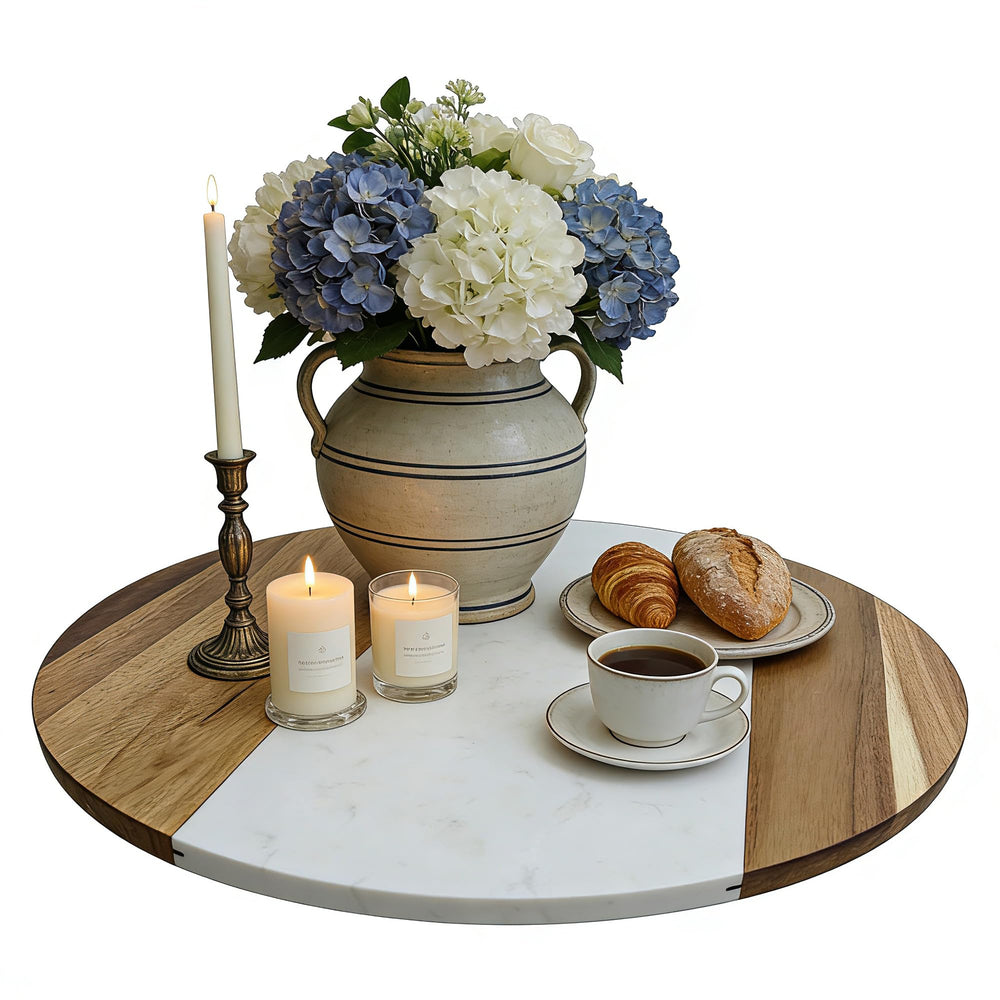 Acacia Wood & Marble Lazy Susan Turntable 17.7"