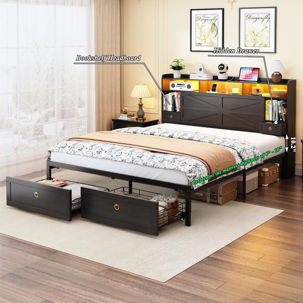 Platform Bed Frame with LED Lights, Storage Headboard & Charging Station