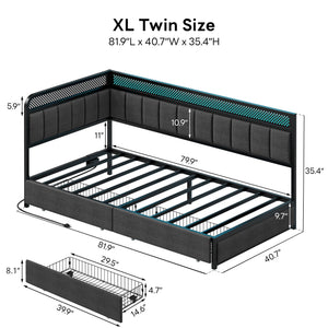 Corner Bed Frame with Storage Drawers, LED Lights & Charging Station