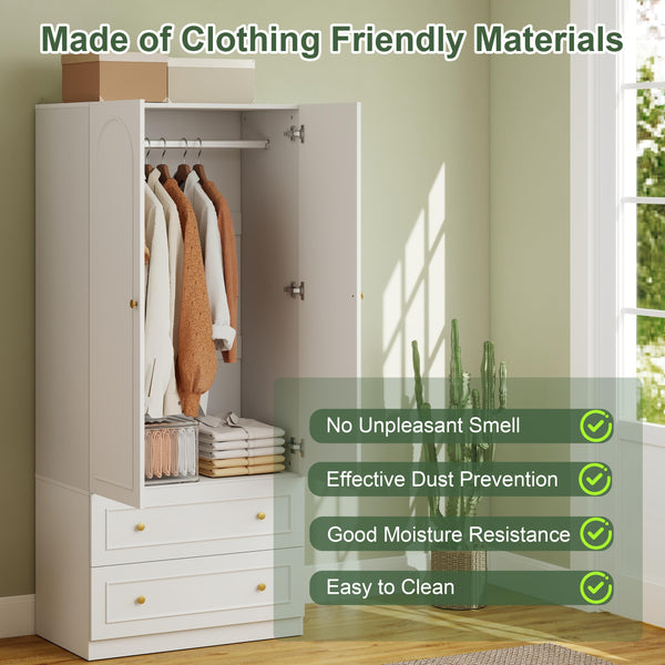 Wooden Armoire Wardrobe Closet – 2 Doors, 2 Drawers, White