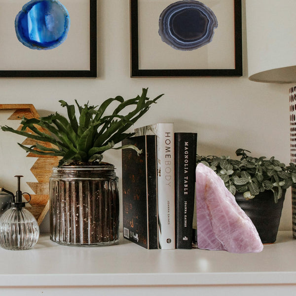 Natural Rose Quartz Bookends with Anti-Slip Rubber Feet – Raw & Polished Crystal Pair