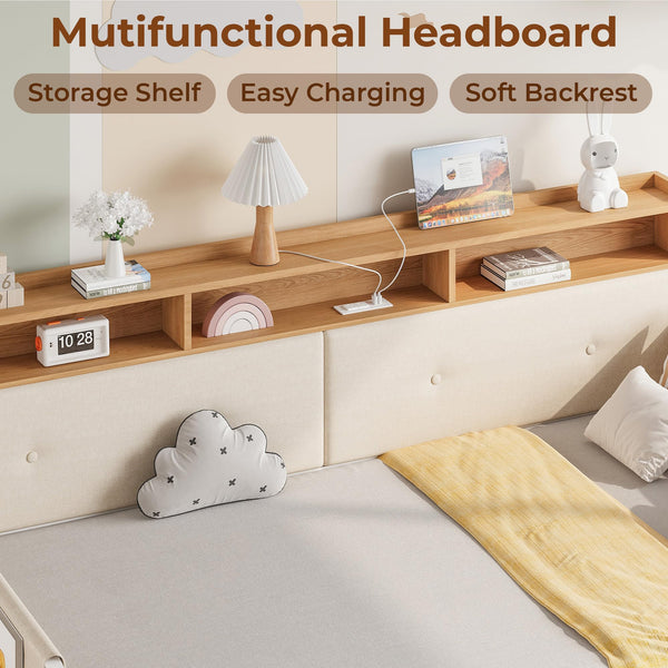 Twin Daybed with Storage Drawers, Upholstered Headboard & Charging Station