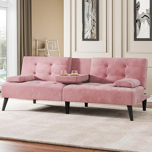 Convertible Futon Sofa Bed with Cup Holders & Adjustable Backrest