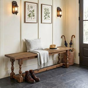Rustic Solid Wood Entryway Bench – 59.1" Farmhouse Seat with Turned Legs