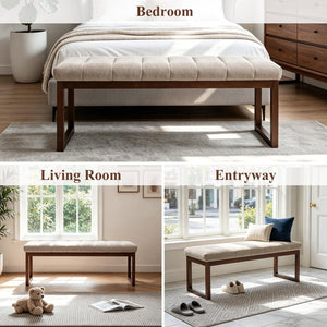 Chummaven 53'' Upholstered Chenille Entryway Bench, Channel Tufted End of Bed Bench Modern Ottoman with Walnut Wood Legs, Padded Window Bench with Storage for Bedroom, Living Room, Camel